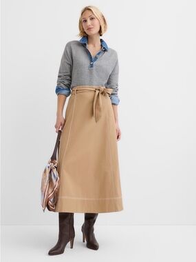 LOFT Camel A-Line Maxi Skirt with Self-Tie Belt